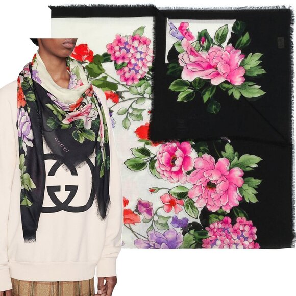 GUCCI SCARF RISING FLOWER PRINT MODAL SILK SHAWL SQUARE 55"